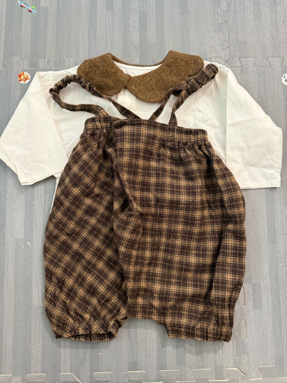 Hello Lupo kids brown plaid suspender shorts & white shirt